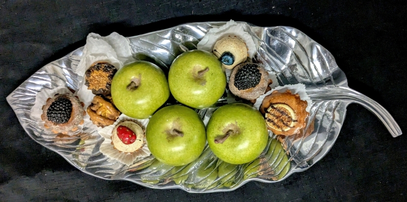 Large Silver Tone Leaf-Shaped Dish with 4 Realistic Artificial Apples & Replica Resin Baked Treats