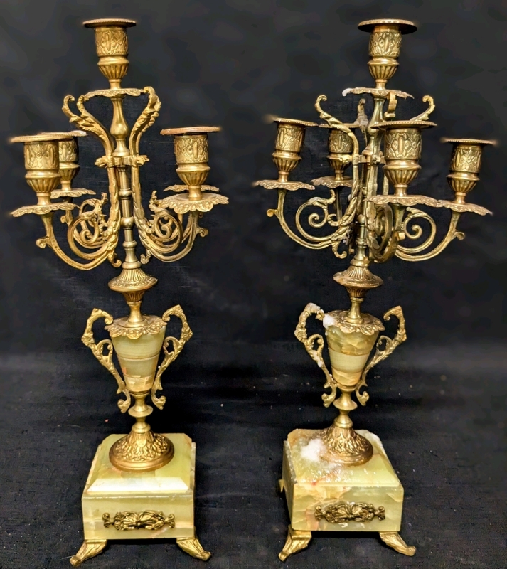 Pair of Vintage Brass Candelabras with Marbled Semi-Translucent Green Stone Bases | 17.5" Tall ea