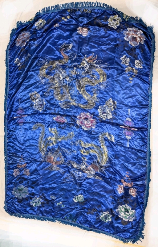 Vintage Intricately Embroidered Blue Fringed Chinese Hangzhou Silk Bed Cover (?) 48" x 70" with Dragons & Phoenixes