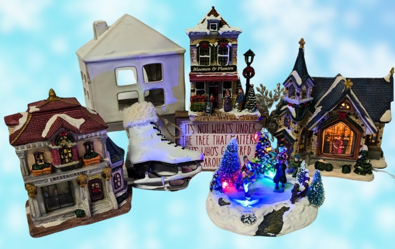 Christmas Decor! Miniature Village Buildings in Resin + Ceramic, Ornaments & Sign | Buildings up to 9" Tall