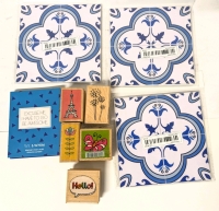 30 New 4" x 4" False Tile Stickers, Wit & Whim Seriously Sticky Notes & 5 Rubber Stamps