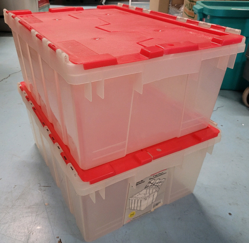 Flip-Top Storage Bins , Two (2) Bins . Approximately 32L Bins