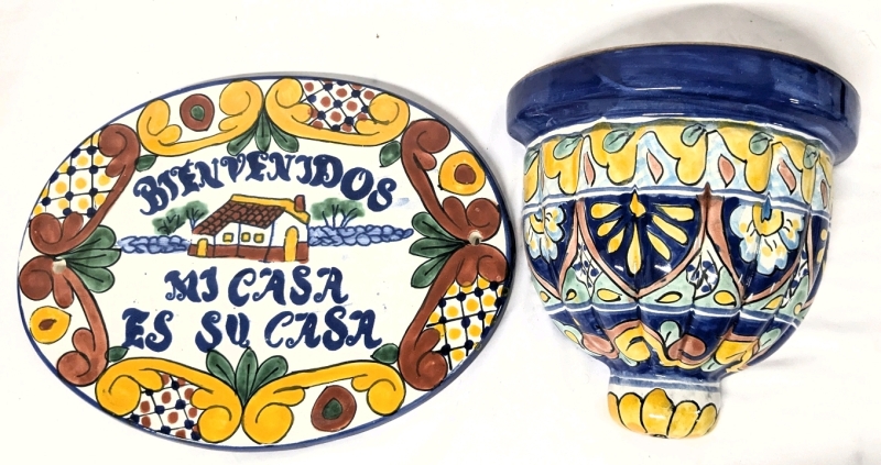 Vintage Handpainted Ceramic Mexico "Bienvenidos, Mi Casa Es Su Casa" Wall Plaque & Handing Wall Planter with Drainage Hole