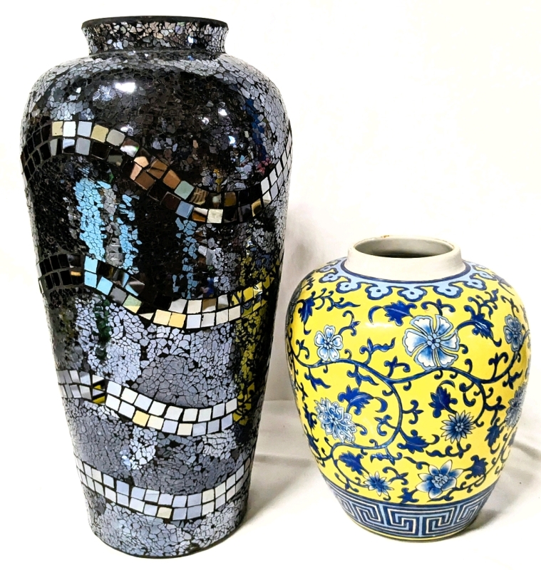 2 Large Vases : Mirrored Mosaic over Glass (18.5" Tall) & Yellow & Blue Ceramic (10.5")