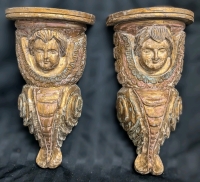 2 Vintage Carved Wooden Cherub Intricate Wall Shelves / Corbels Made in the Philippines | 18.25" Tall, 9.5" x 4.5" Shelves