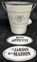 Zodax Flower Bucket & 2 French Enamel & Metal Sign Plates: "Bon Appetit" & "Le Jardin de la Maison"