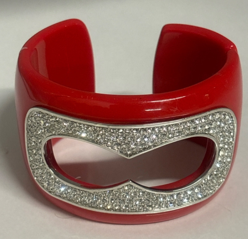 BUTLER Lucite Signed Fantastic Red Cuff Bangle Rhinestones