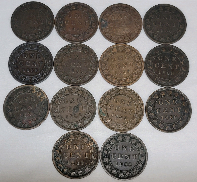 1888 Canadian Queen Victoria Large One Cent Pennies in Various Condition , 14 Coins