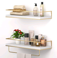 New | Shario Rustic White Wood Floating Shleves With Golden Accents | ( Shelves Measure-( 15.7" x 5.7" )