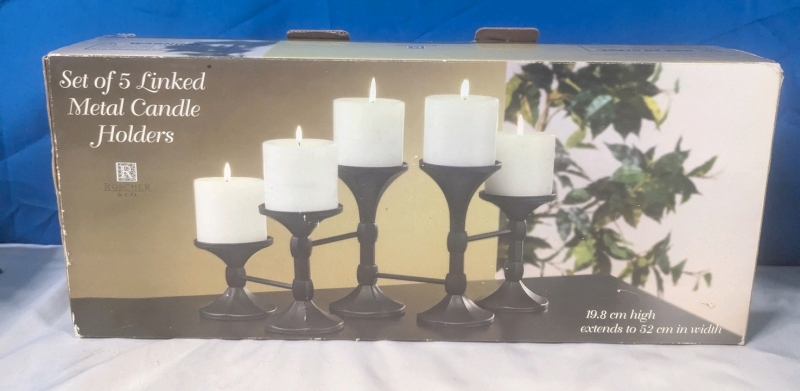 New Roscher & Co Set of 5 Linked Metal Candle Holders. 19.8 cm High, Up to 52 cm Long.