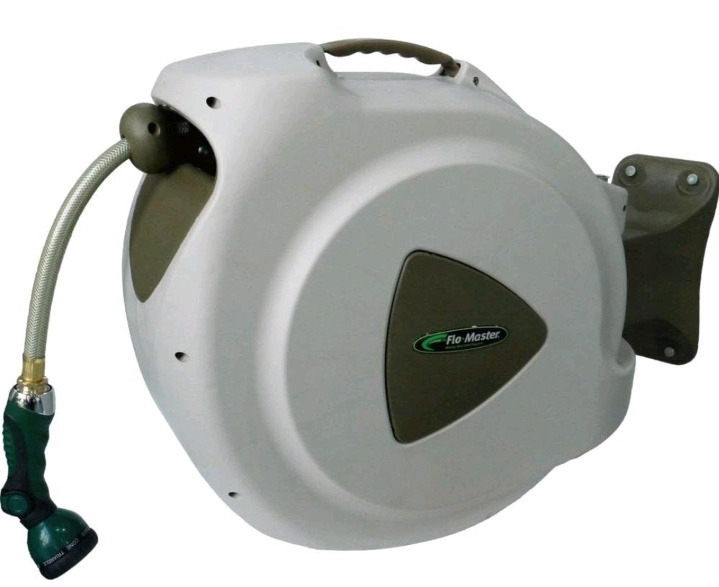 New | Flo•Master Wall Monted Hose & Reel With Auto Rewind ( 65 Foot Hose/ ⅝" Hose Diameter ) | 8 Pattern Adjustable Nozzle Included | * Retails For $145 * Model# 65HR8