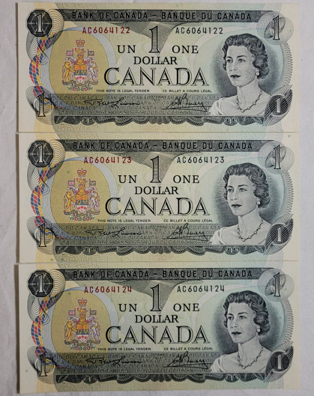 1973 Canadian Bank of Canada One Dollar Bank Notes w/Consecutive Numbers . Three (3) Bank Notes . Uncirculated