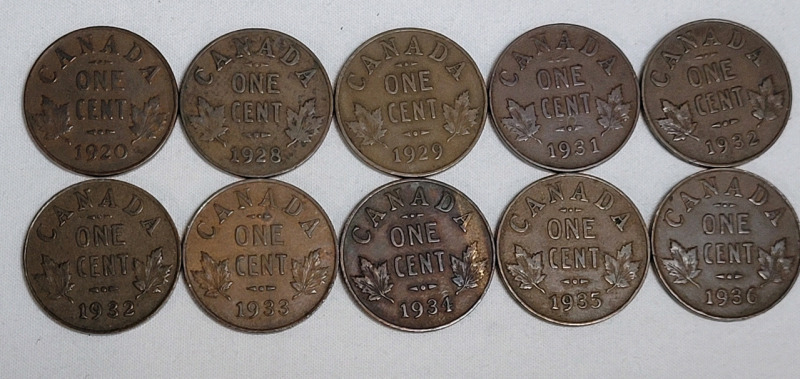 1920 - 1936 Canadian King George V One Cent Pennies , 10 Coins .