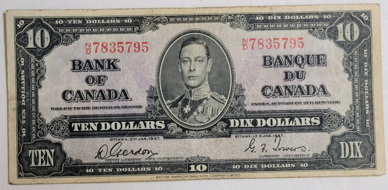 1937 Canadian Bank of Canada Ten Dollar Bank Note . Gordon-Towers .