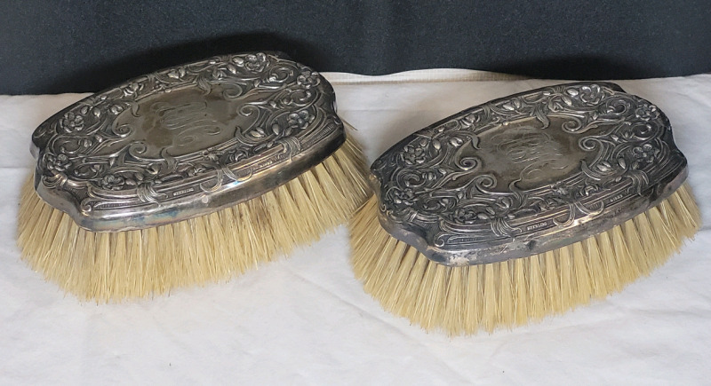 Vintage Birks Sterling Silver Horse Hair Clothes Brushes , Monogrammed . Pair