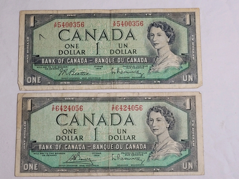 1954 Canadian Bank of Canada One Dollar Bank Note . Two (2) Bank Notes