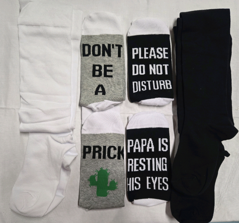 4 New Pairs | Of Socks | 2 Knee High, 1 Black and 1 White Pair | & 2 Comedy Socks Calf Height