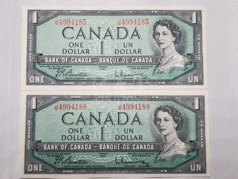 1954 Canadian One Dollar Bank Note , Two (2) Bank Notes