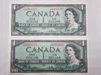 1954 Canadian One Dollar Bank Note , Two (2) Bank Notes