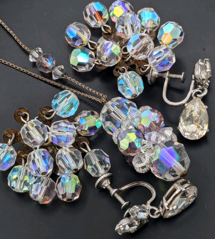 Great Vintage Aurora Borealis Necklace with Fish-Hook Clasp, Dangly AB Earrings & Open-Back Faceted Clear Stone Earrings