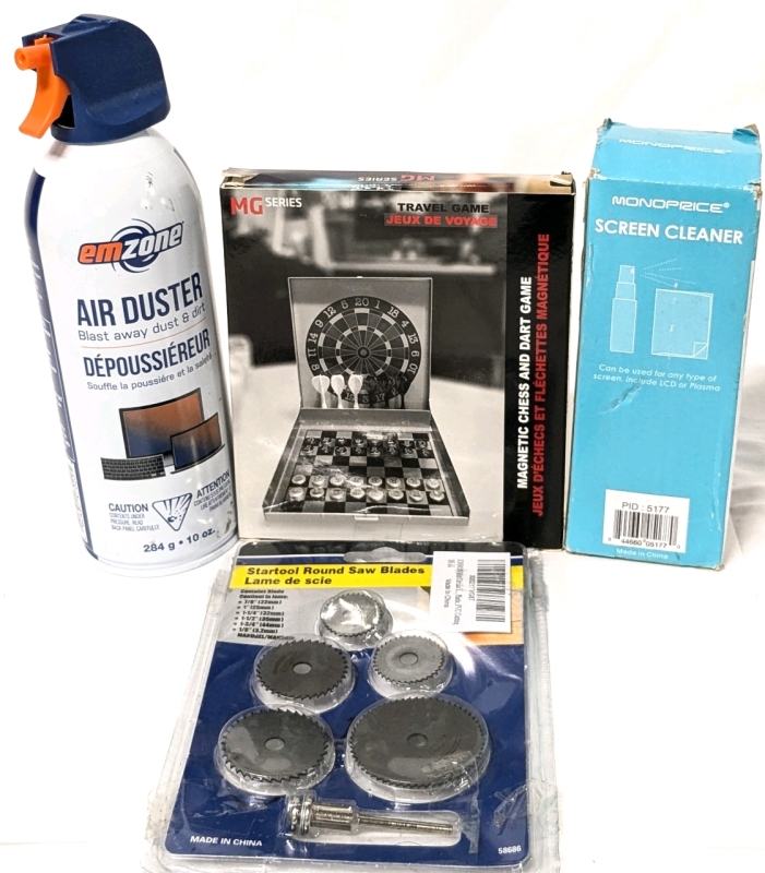 Assorted New Items: Air Duster (284g) No Straw, Travel Magnetic Chess & Darts Game, MonoPrice Screen Cleaner (200ml) & 6-Piece Startool Round Saw Blades (Open-Packaging)