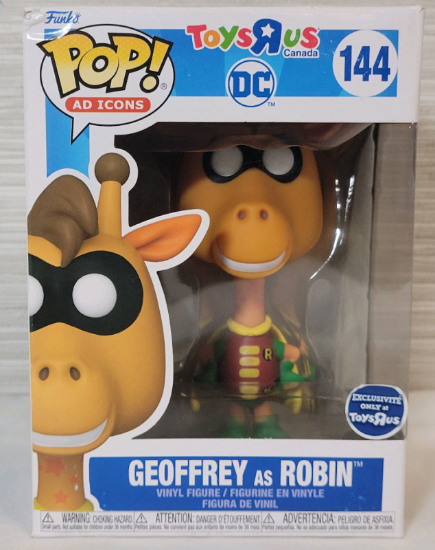 Funko Pop! " Toys Ŕ US - Geoffrey the Giraffe as Robin " . Front top left corner has minor bend/tear