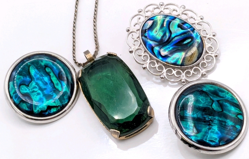 Vintage Ocean Blues, Greens & Iridescence : Necklace with Large Open-Back Faceted Clear Green Stone, Earrings & Open-Back Abalone Pendant in Filigree Frame