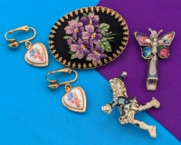 Fantastic Vintage Embroidered Brooch with African Violets, Figural Figure Skating Brooch, Dainty Gold Tone & Ceramic Earrings with Applied Designs & Fun Butterfly Hair Clip