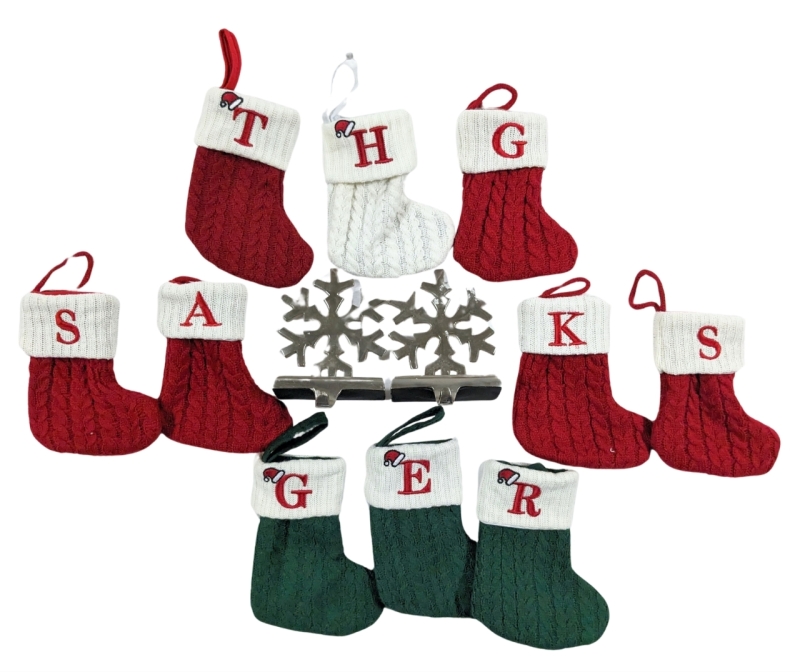 10 Knitted Mini Christmas Stockings & 2 Weighted Snowflake Stocking Hangers