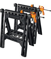 New | Worx Plastic Clamping Sawhorse Pair with Bar Clamps | Built-in Shelf & Cord Hooks | Model# WX065 * Retails For $136.79 *