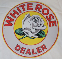 New - White Rose Dealer Oil & Gas Tin Sign . Measures 11 3/4" diameter . Minor bend to sign