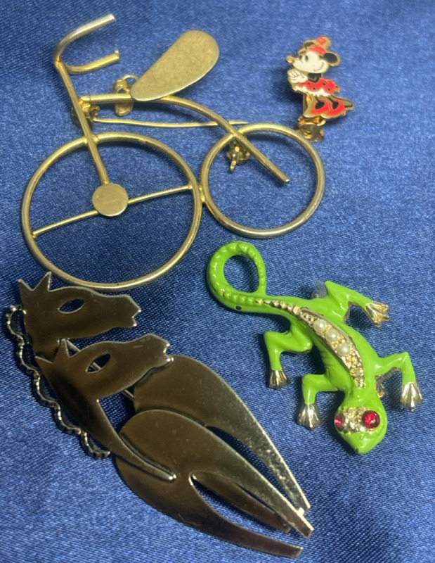 Four Fun Figural Brooches Horses Geko Bicycle Mini Mouse