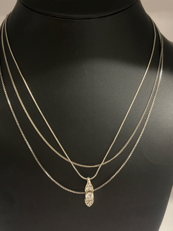 Three 925 Sterling Italy Chains One with Vintage Rhinestone Pendant.