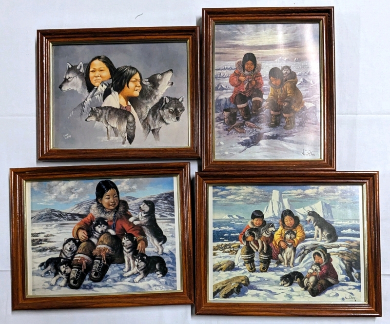 4 Vintage Framed Native & Inuit Prints by Eddie Le Page & Nori Peter | 10.2" x 13.7" ea