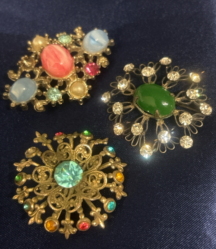 Three Vintage Brooches Rhinestones & Filigree & Art glass