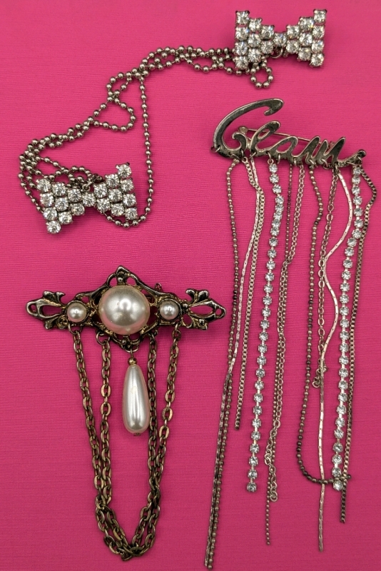 Vintage Dangly Jewelry: "Dripping" Glam Brooch, Rhinestone Bowtie Fur Clip & Faux Pearl & Chains