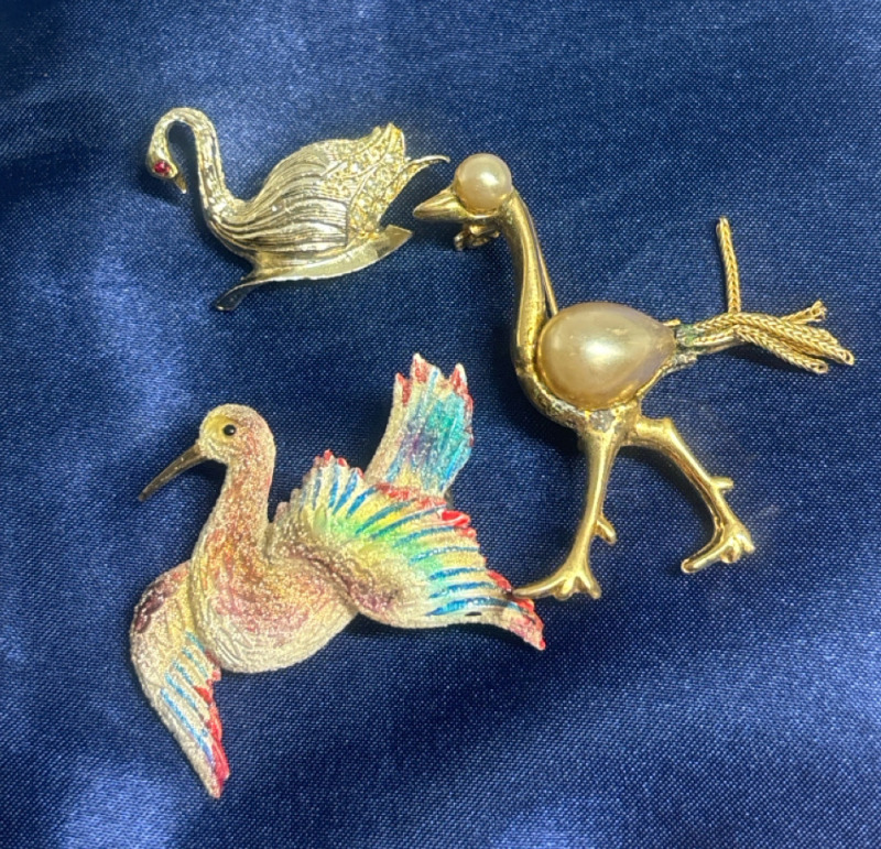 Three Unique Bird Brooches Ostrich Pearl Belly Swan Sugar Bead Coated Stork