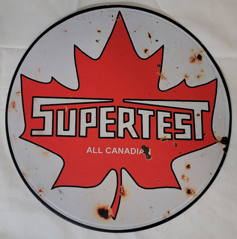 New - Vintage Style Supertest All Canadian Oil & Gas Tin Sign . Measures 11 3/4" diameter . Minor bend to sign