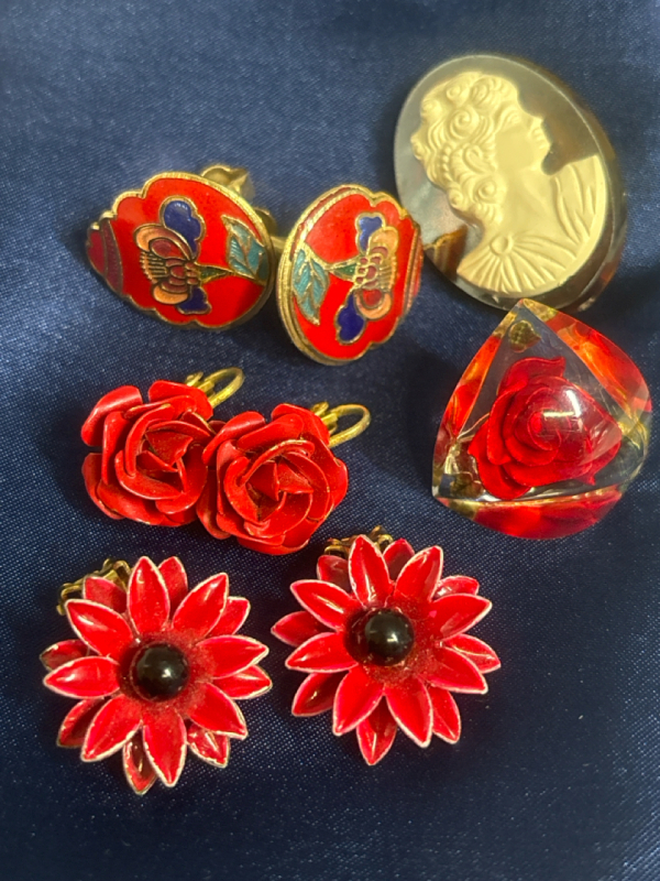 Vintage Red Earrings Brooch & Cameo