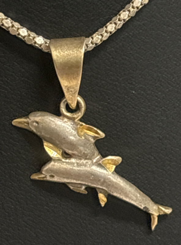 Sterling 2 Dolphins Swimming Fancy Link Chain 925 Sterling Silver Signed Pieces