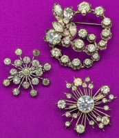 3 Vintage Silver Tone & Clear Faceted Rhinestone Brooches | 2 Starburst & 1 Curling Upon Itself