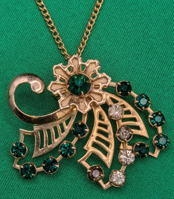 Gorgeous Gold Tone, Emerald Green & Clear Brooch/ Pendant on 16" Chain