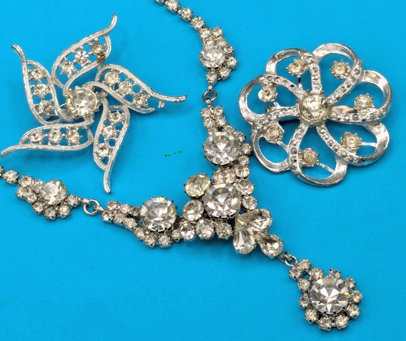 Vintage Silver Tone & Faceted Clear Rhinestones : 2 Lovely Brooches & Gorgeous Necklace