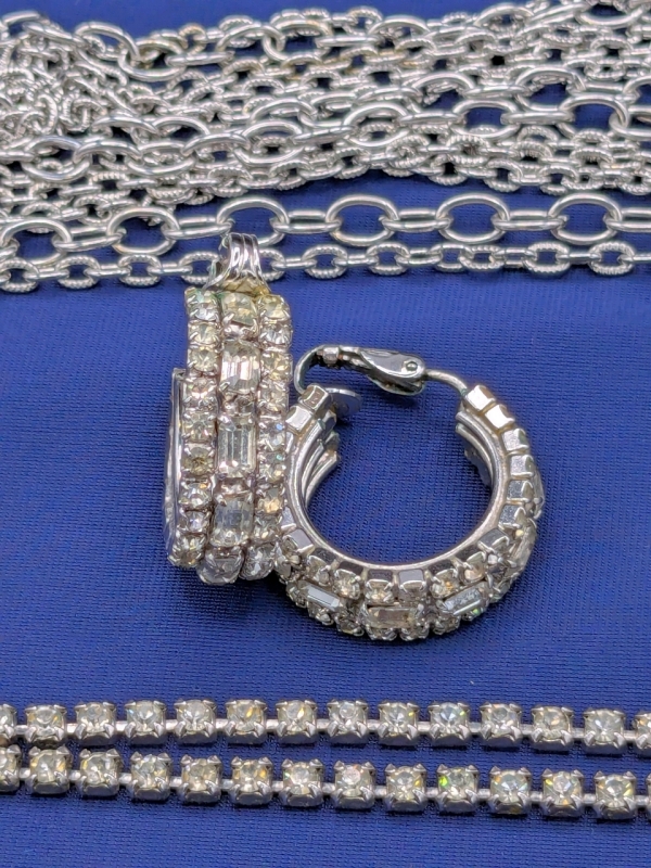 Fantastic Vintage Baguette Rhinestone Hoop Earrings, Silver Tone Clear Rhinestones Line Necklace & Multi-Strand Interlocking Chain Necklace