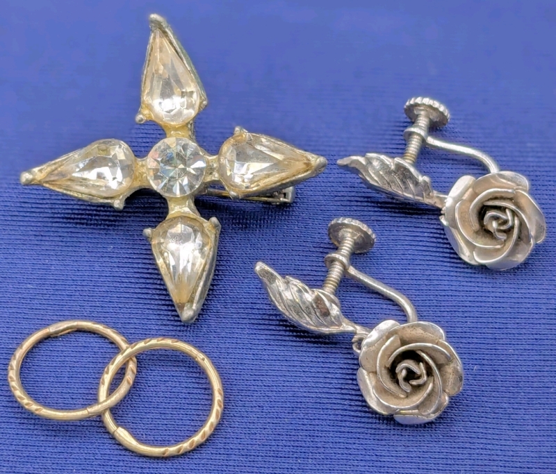 Lovely Vintage Signed Bond Boyd Sterling Silver Rose Earrings, Four-Pointed Silver Tone Clear Rhinestone Brooch & Tiny Hoop Earrings