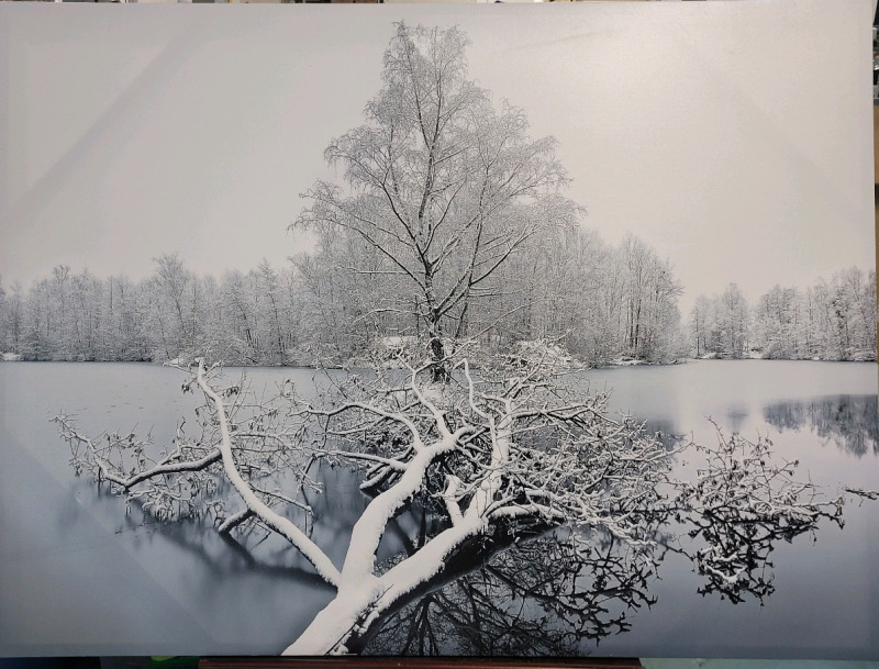 Home Decor " Winter River " Scene Wall Art . Measures 48"×37" . Four (4) tiny brown marks top left