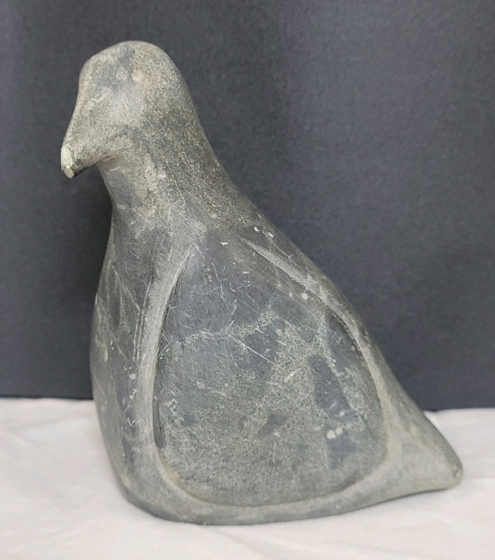 Inuit Soapstone Carving DOVE , measures 4" tall . Small Chip on Beak .