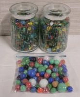 Various Colored Glass Marbles & Two (2) Jars Cats Eye Marbles