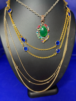 Rhinestone Pendant Necklace 3 Strand Chain Necklace & Blue Bezels