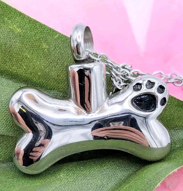 New Bone-Shaped Silver Tone Pet Memorial Pendant Urn to Hold Cremains | 1" Across on 18" Chain